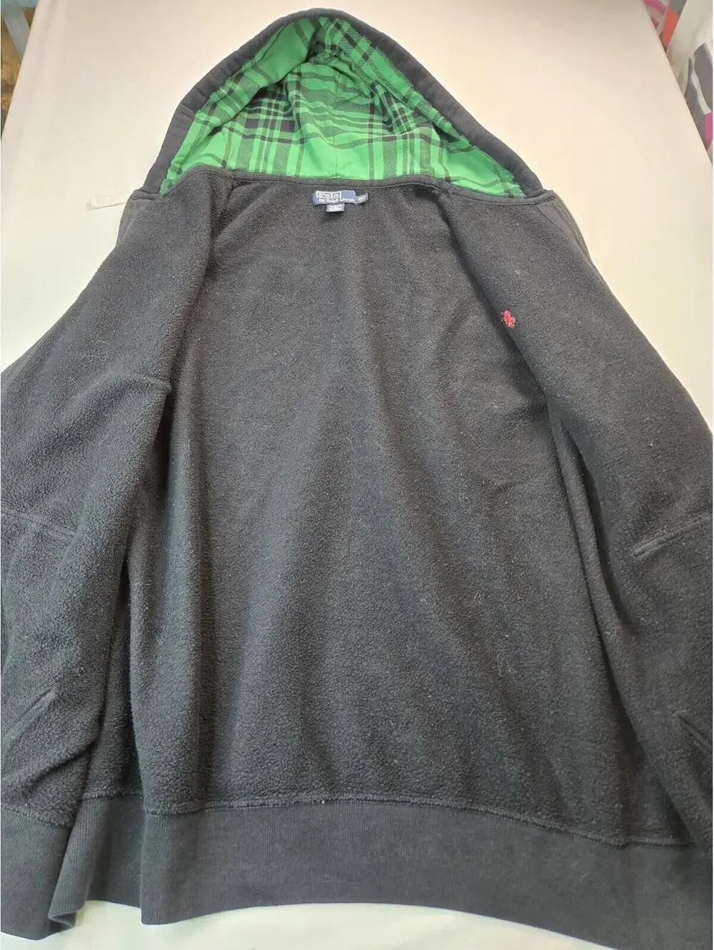 Polo Ralph Lauren Vintage Green Plaid Lined Black Zip Hoodie Mens Size 3XLT - Picture 5 of 6